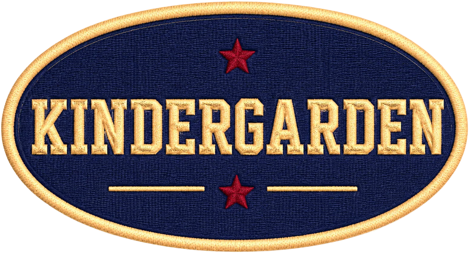 An oval embroidered patch with a navy blue background, gold border, gold lettering reading 'KINDERGARDEN,' and two red stars with thin gold lines.